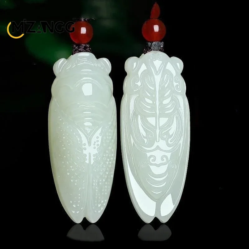 Natural Hetian Jade Cicada Pendant Hand-carved Green White Jade Necklace Personality Fashion Jewelry for Men and Women