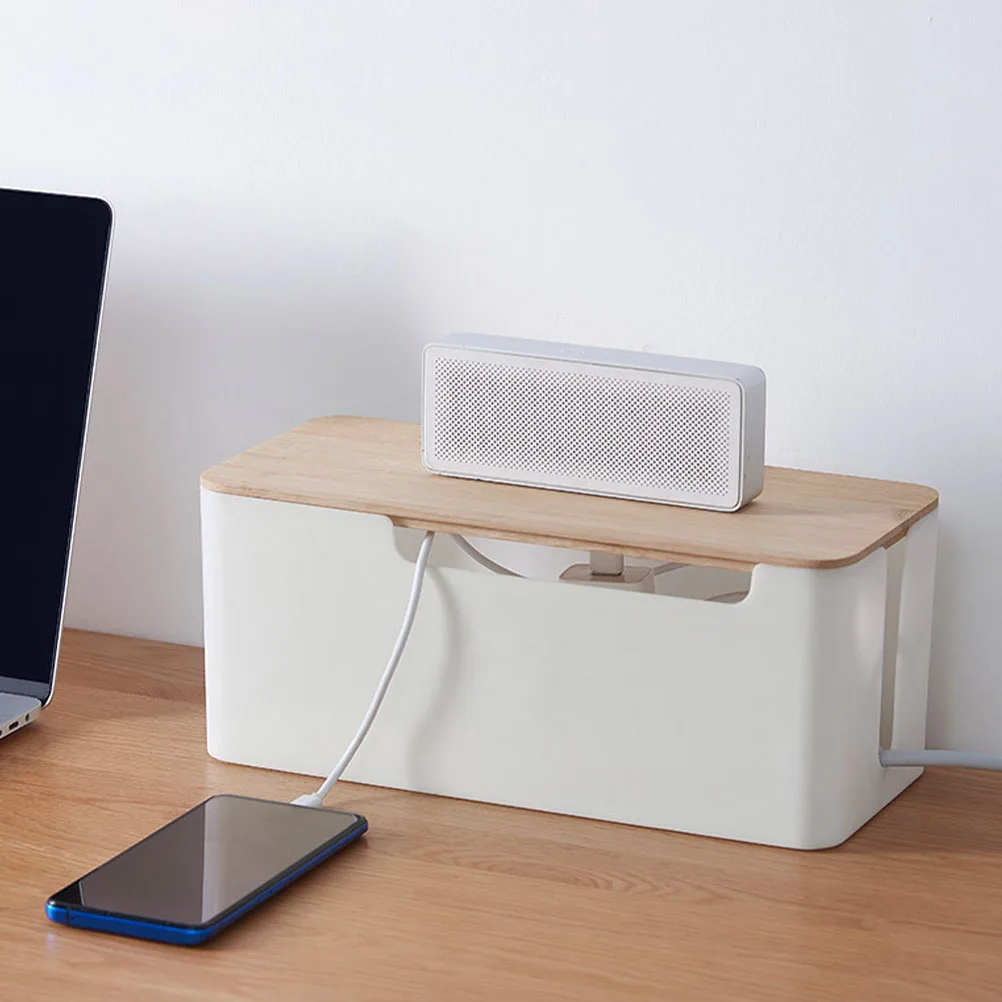 صندوق تخزين الأسلاك بغطاء من الخيزران المنزلي، تركيب بسيط، منظم كابلات شحن مريح، مدير خطوط الطاقة بسعة كبيرة #2