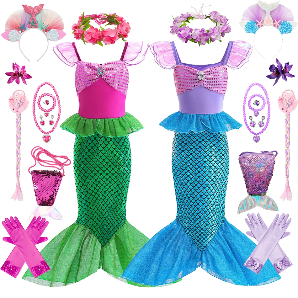 

Платье русалки для девочек на Хэллоуин, Русалочка, принцесса Ариэль, платье для косплея, костюм для вечеринки с летающими рукавами, рыбий хвост, детское фантазийное платье