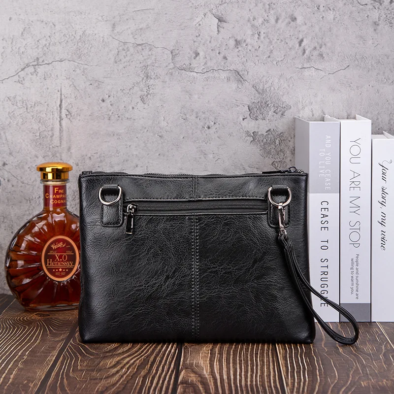 Black retro men's fashion large capacity casual PU leather clutch bag