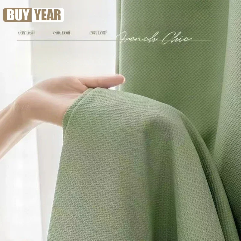 French Matcha Color Thickened Double-sided Cotton and Linen Fabrics Blackout Curtains for Living Dining Room Bedroom Custom