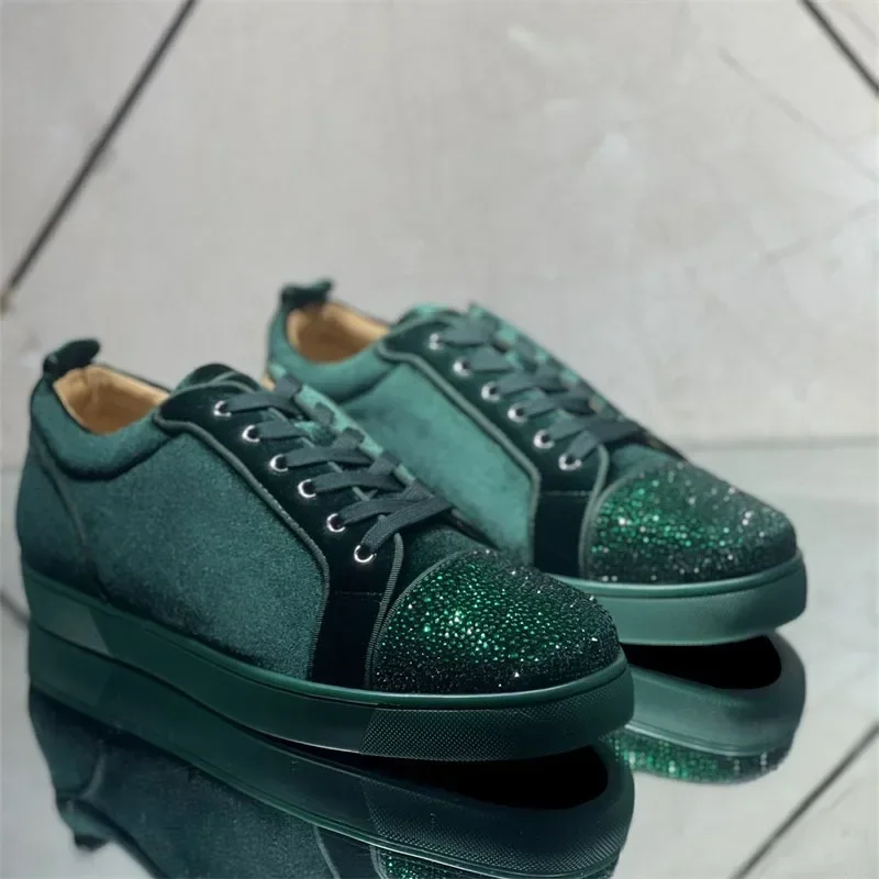 

Luxury Designer Green Crystal Diamond Red Bottoms Low Top Shoes For Men's Casual Flats Loafers Women's Brand Breathable Sneakers