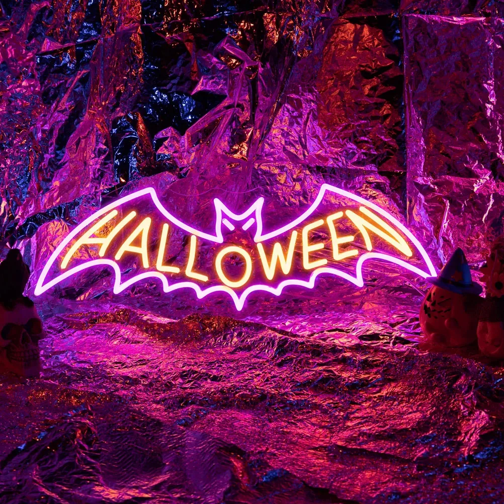 Halloween Neon Sign With Bat, Custom Halloween Neon Sign, Battery Operated Neon Sign Halloween Decor, Party Night Neon Sign