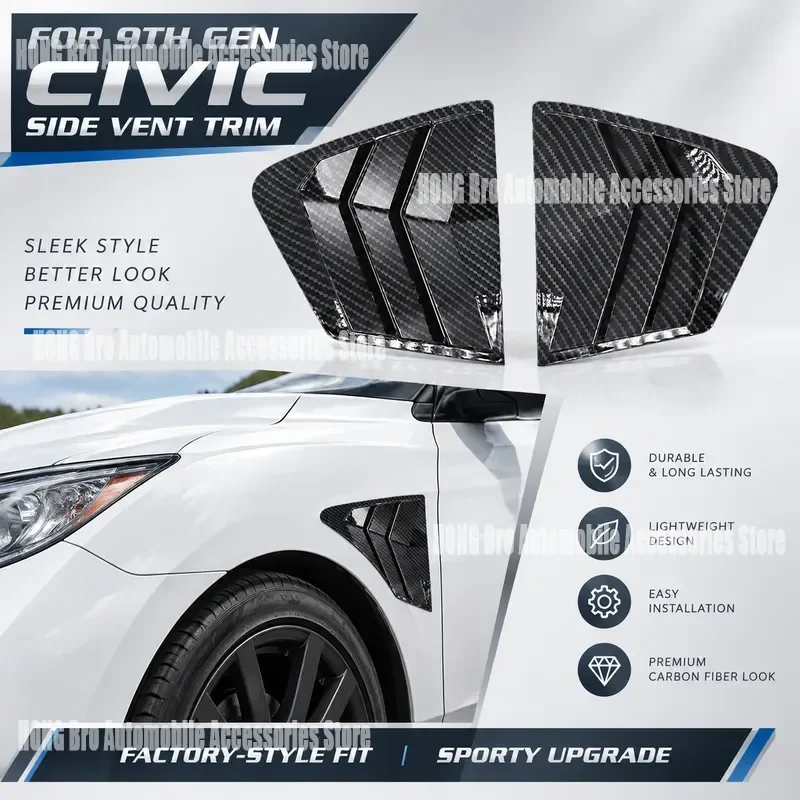 For Honda 9th Gen Civic 2011-2015 Rear Triangle Window Louvers Carbon Fiber Style Exterior Trim Car Decoration Accessories