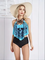 Women Tummy Control Tankini Set Swimwear Gothic Swimsuit Skull Flower Print Crisscross Summer Beach Two Piece Bathing Suit