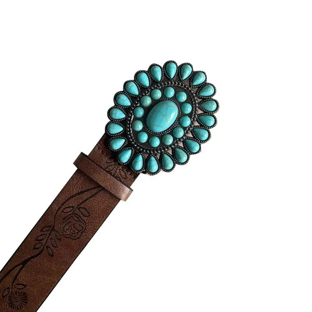 Adjustable Women's Western Bohemian belt Brown Embossed Oval Turquoise Buckle Waist Belt PU High-End Sense Dress Waistband