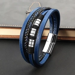 MingAo Braided Rope Woven Bracelets for Men Multilayer Leather Stainless Steel Clasp Punk Bangle Friend Charm Jewelry Wholesale