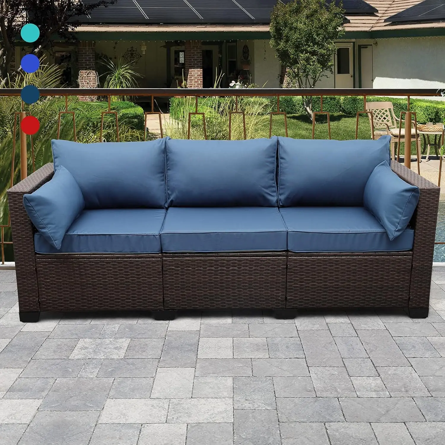 3 terrace wicker sofas, outdoor wicker steel frame, with furniture cover and deep seat high backrest, anti slip pad, blue