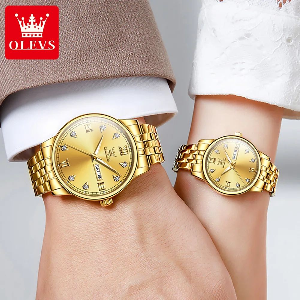 Olevs Nieuw In Paar Horloge Gouden Diamanten Wijzerplaat Luxe Lover Polshorloge Voor Mannen Vrouwen Quartz Horloge Zijn Of Haar Horloge 2 Stuks Set Cadeau