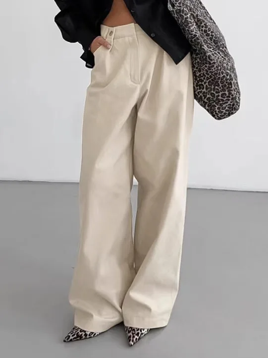 سراويل كاجوال عالية الخصر، سراويل طويلة فضفاضة قابلة للتنفس، سراويل قطنية مريحة وواسعة الساق للنساء