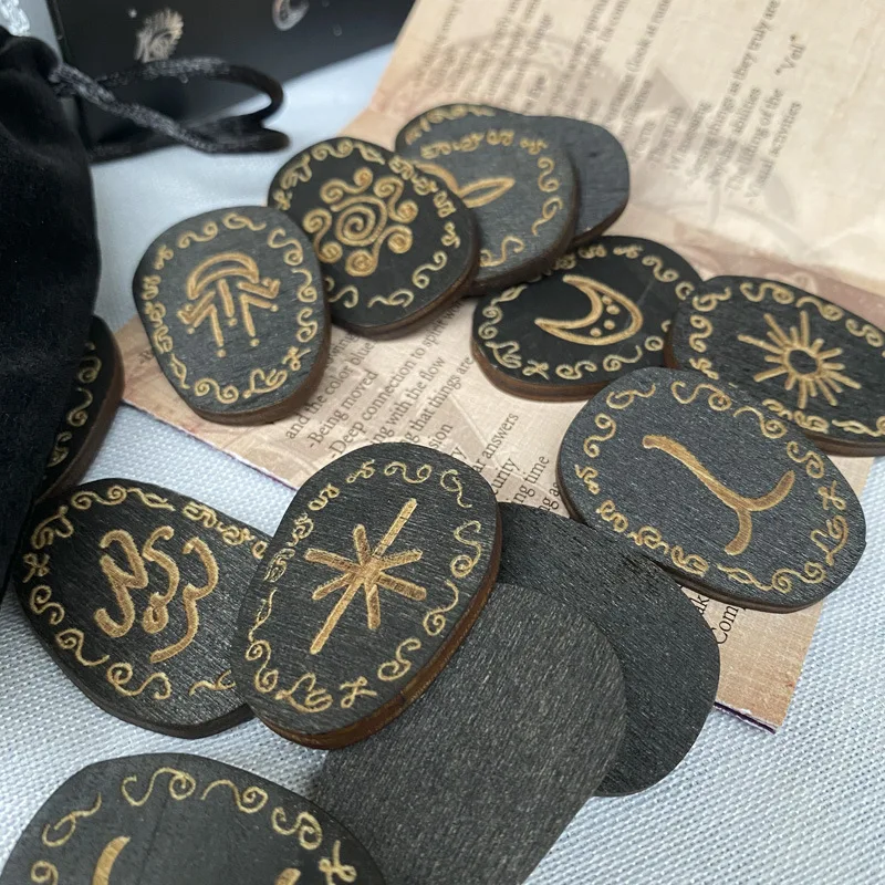 16pcs/set Witch Wood Runes Stone Set Witches Rune Set Board Game Table Game Divination Runestones Witch Accessories tarot Cards