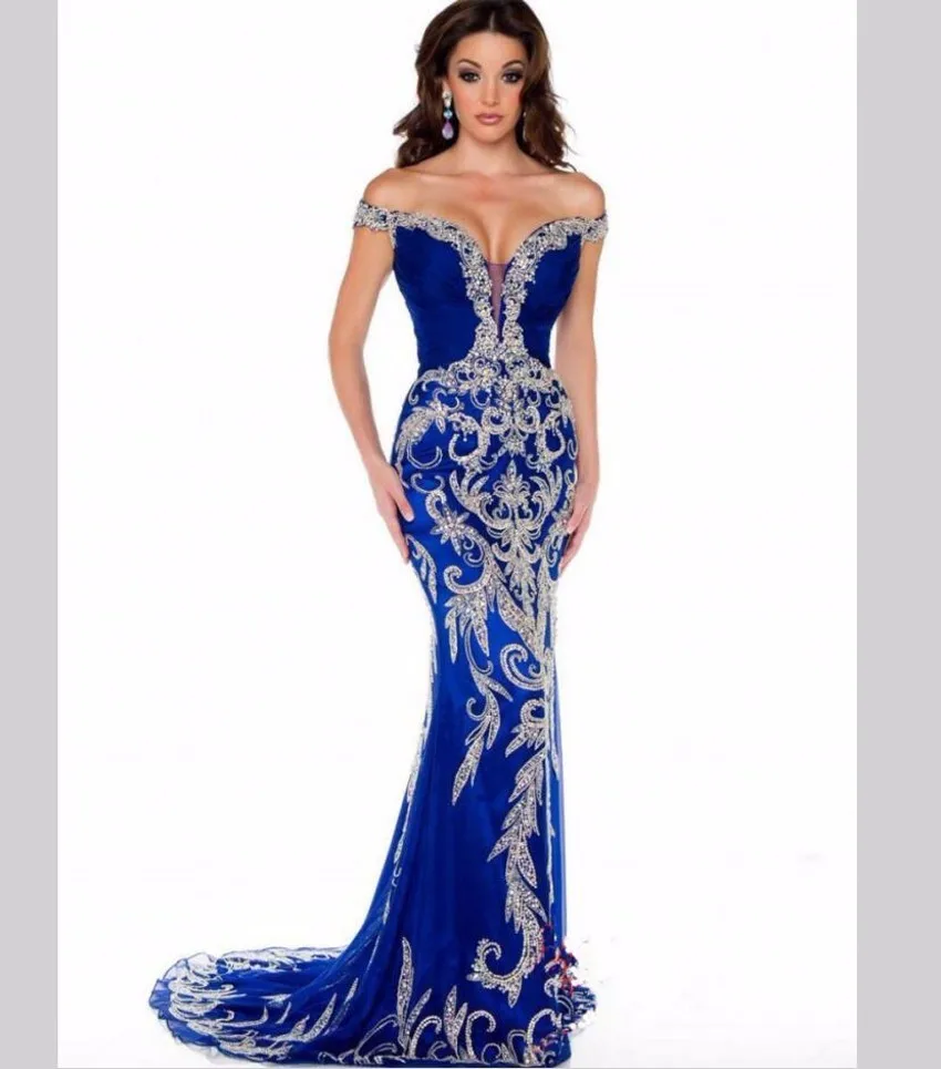 

Royal Blue Mermaid Evening Dress Arabian Robe Embroidered Crystal Beading Banquet Party Ball Dress Custom