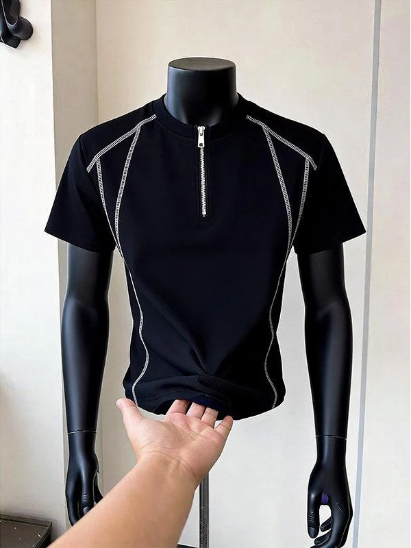 American Style Zipper Half Zip Short Sleeve Men's T-shirt Cleanfit Henry Collar Heavyweight Sport Half Sleeve Trendy Top
