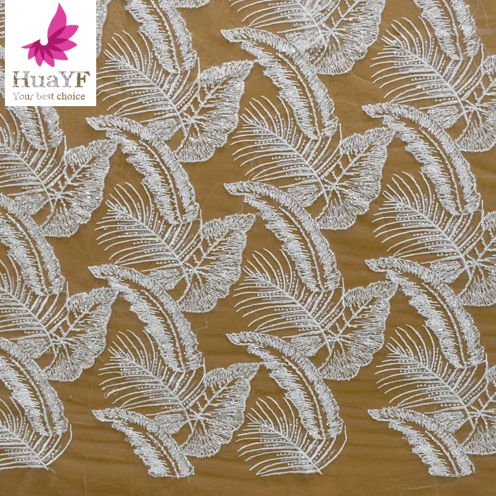 

High-end girls off-white embroidered lace fabric women's party dress custom bridal crystal beaded mesh fabric 5 Yards HY1702