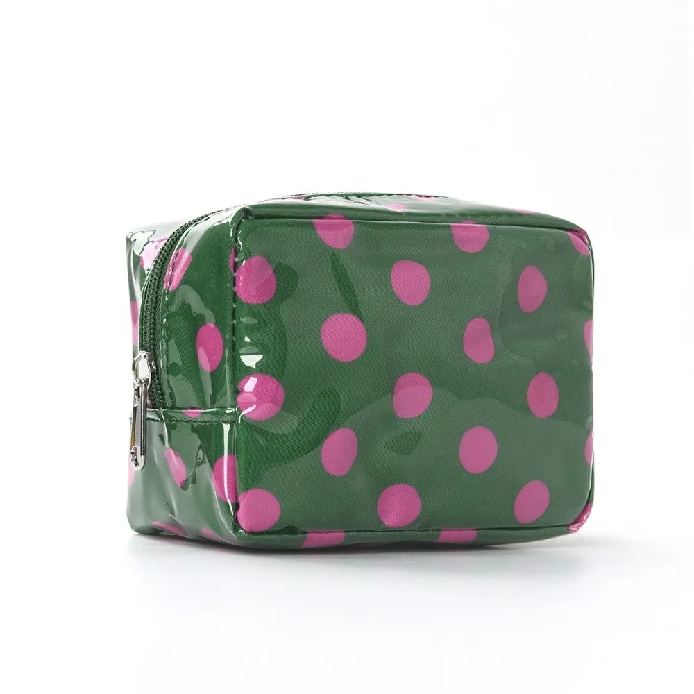 New Waterproof Cosmetic Bag with Zipper Square Shape Makeup Bag Polka Dot Pattern Glossy Surface Toiletry Bag Travel Use