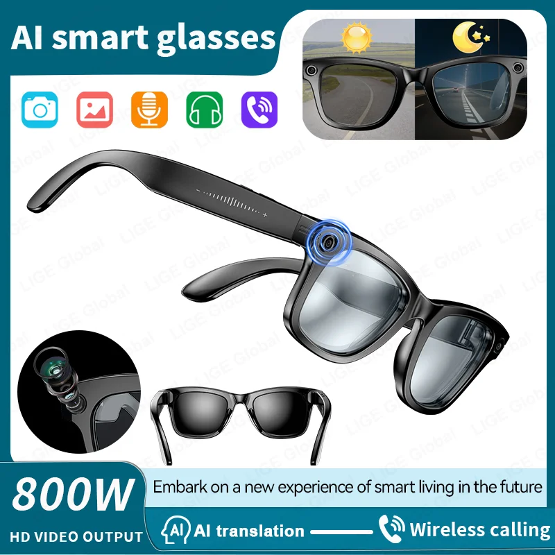 

LIGE 8MP HD Camera Smart Glasses Video Bluetooth Call 270mAh Battery AI Voice Translation Men Sunglasses Color-changing Lenses