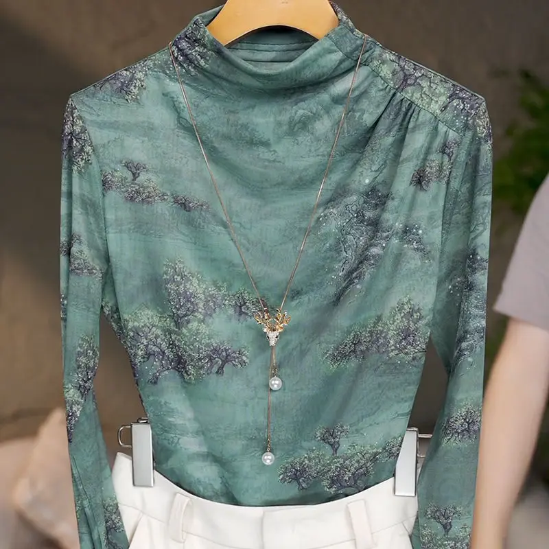 Stand Up Collar with Floral Patterns High-end Trendy and Fashionable Style Top with Mesh Fabric as the Base Shirt