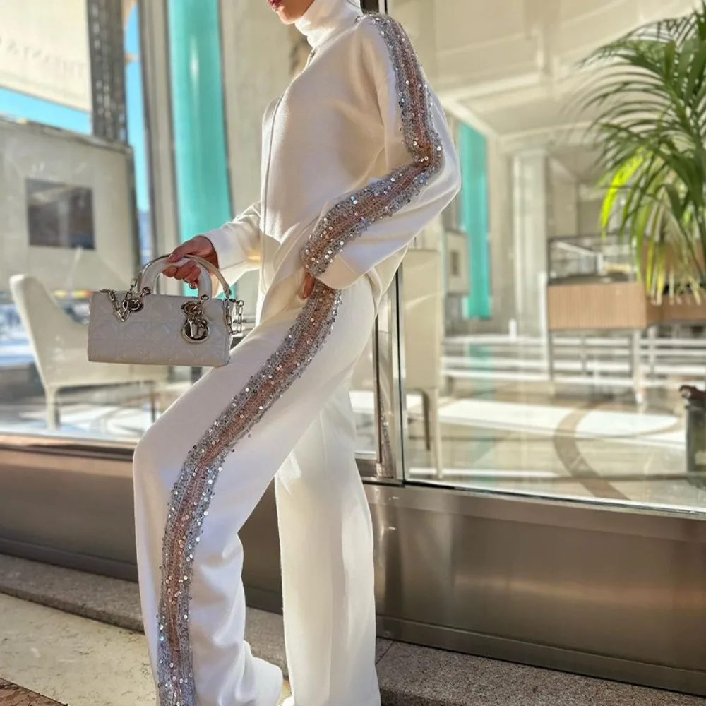 Women\'s Long Pants Set with High Neck, Fashionable and Niche Sequin Border, Autumn New Style