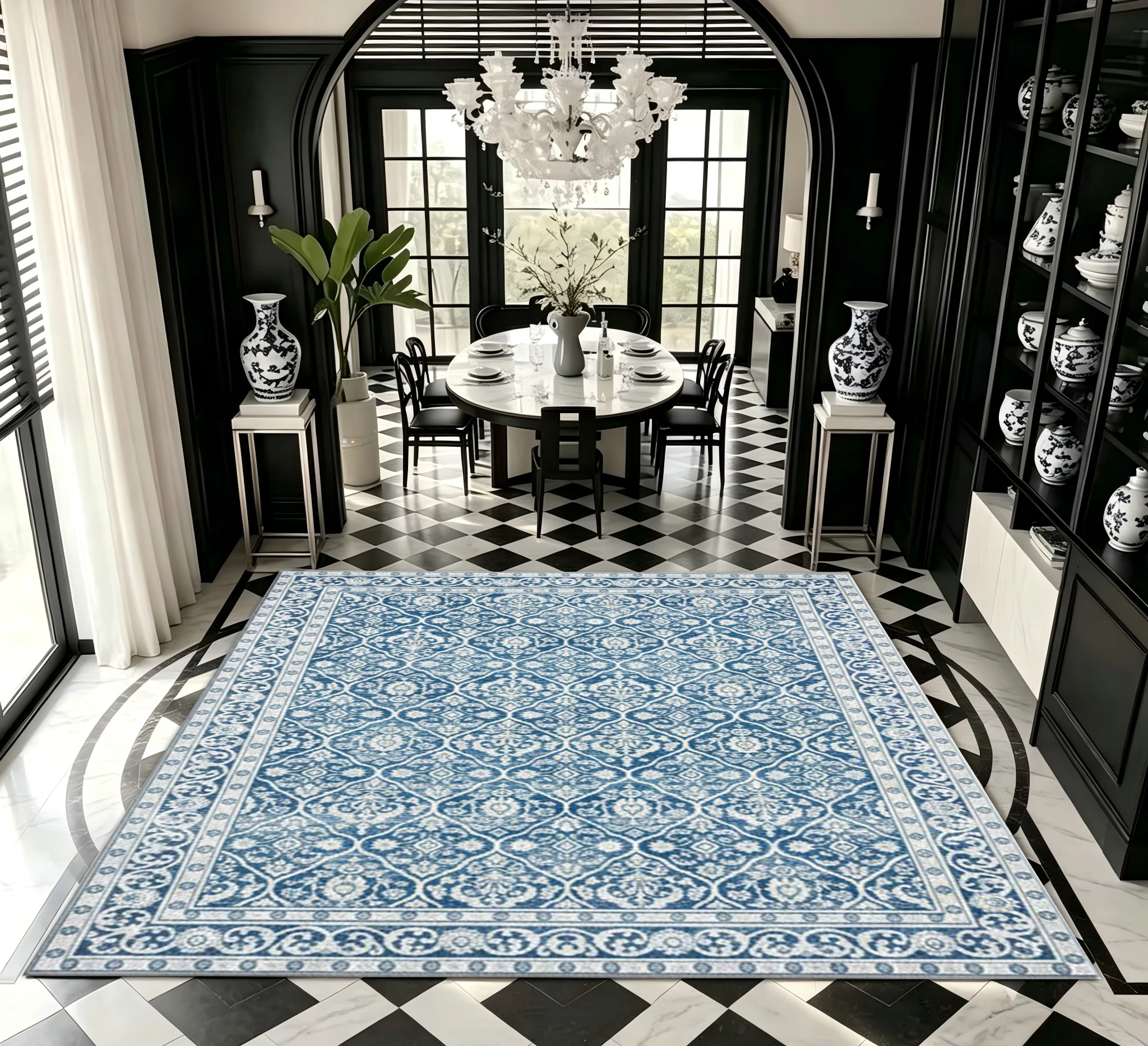 Blue Retro Geometric Pattern Carpet Traditional Decorative Floor Rug Washable Decorative Carpet Suitable for Living Room and Bedroom