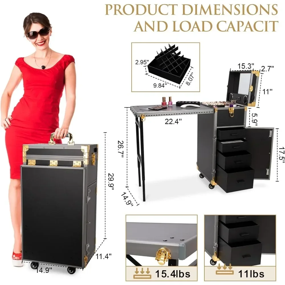 # Hot Sales Portable Rolling Manicure Table Foldable Traveling Nail Desk W/Storage Bluetooth Player Cosmetic Trolley Case Nail T