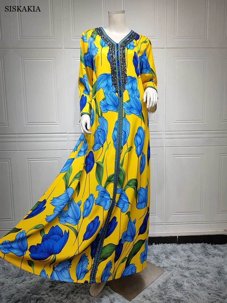 Siskakia Moroccan Jalabiya Elegant Women\'s Dresses for Party 2022 Chic Rhinestone Tape Trim Long Sleeve Gulf Abaya Yellow Floral