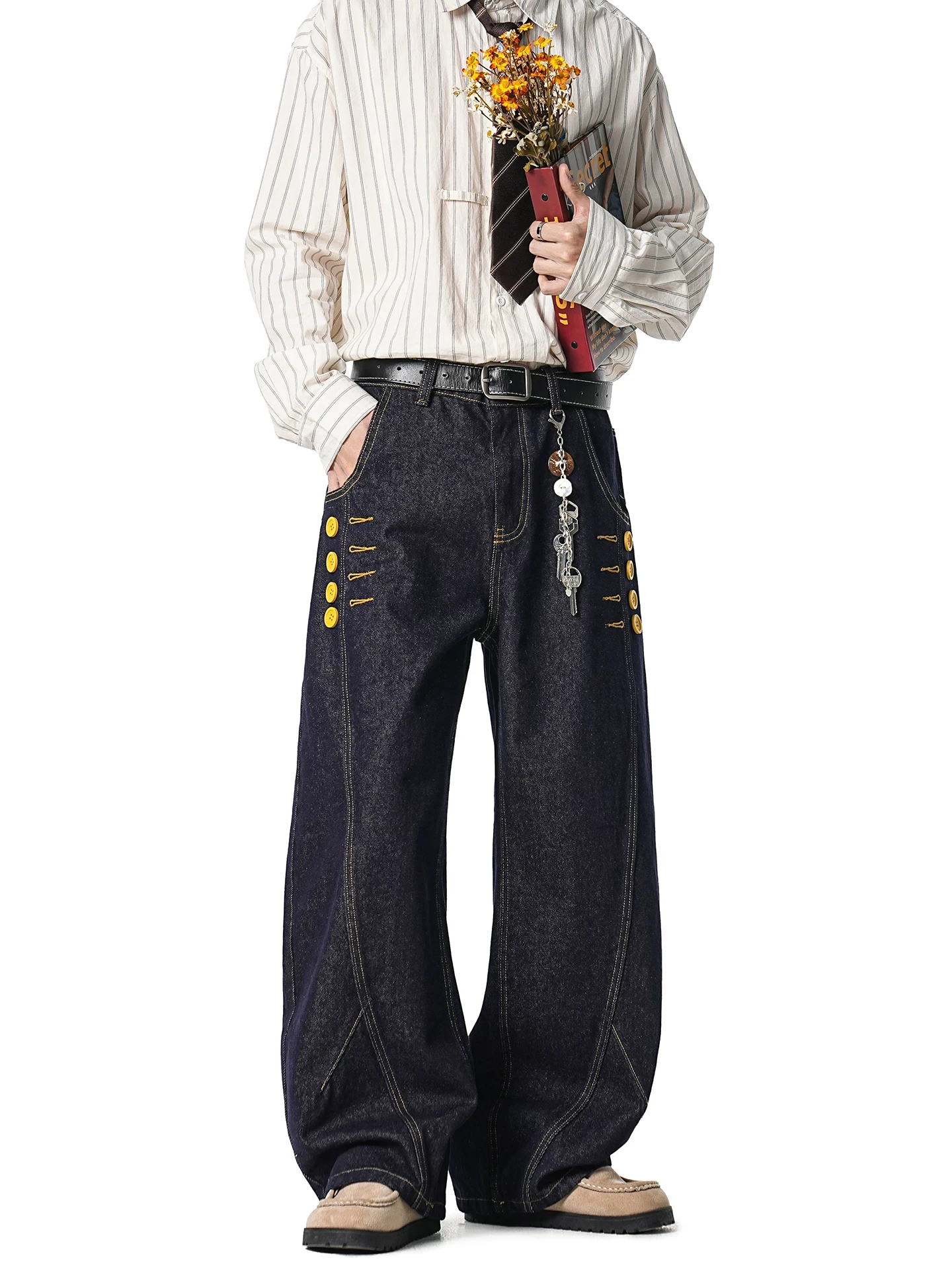 Raw Denim A-Line Jeans for Men, New Autumn Style, Straight Fit, Large Size, Buttoned Casual Pants with Front Buttons, Men's Pants