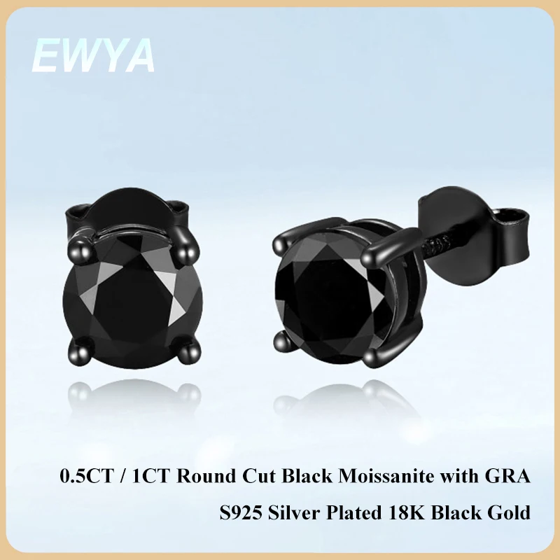 

EWYA 4 Claw GRA Certified 0.5/1CT Black Moissanite Earrings for Women Man Unisex 925 Silver Plated 18K Black Gold Party Ear Stud