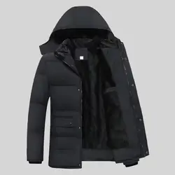 Hooded Cotton Coat Men's Hooded Down Jacket with Plush Lining Windproof Design Long Sleeve Zipper Closure Coat with Pockets