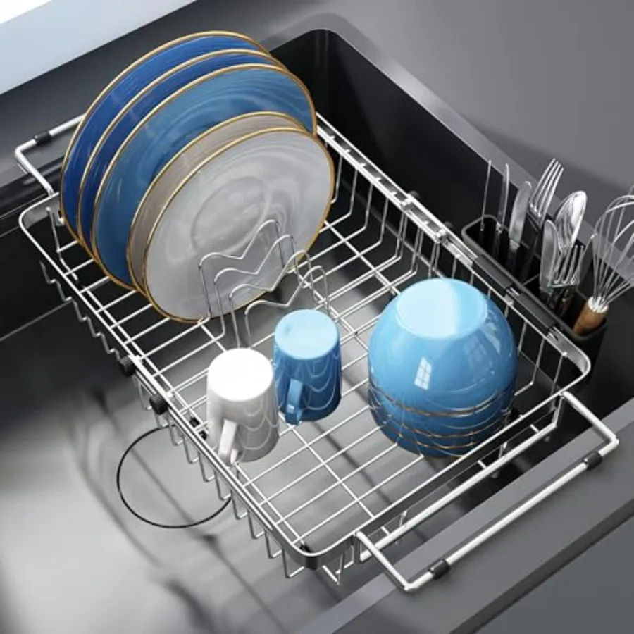 

Expandable Dish Drying Rack Over The Sink Small Metal Stainless Steel Plate Holder for Compact Kitchen Space Saving Modern Silv