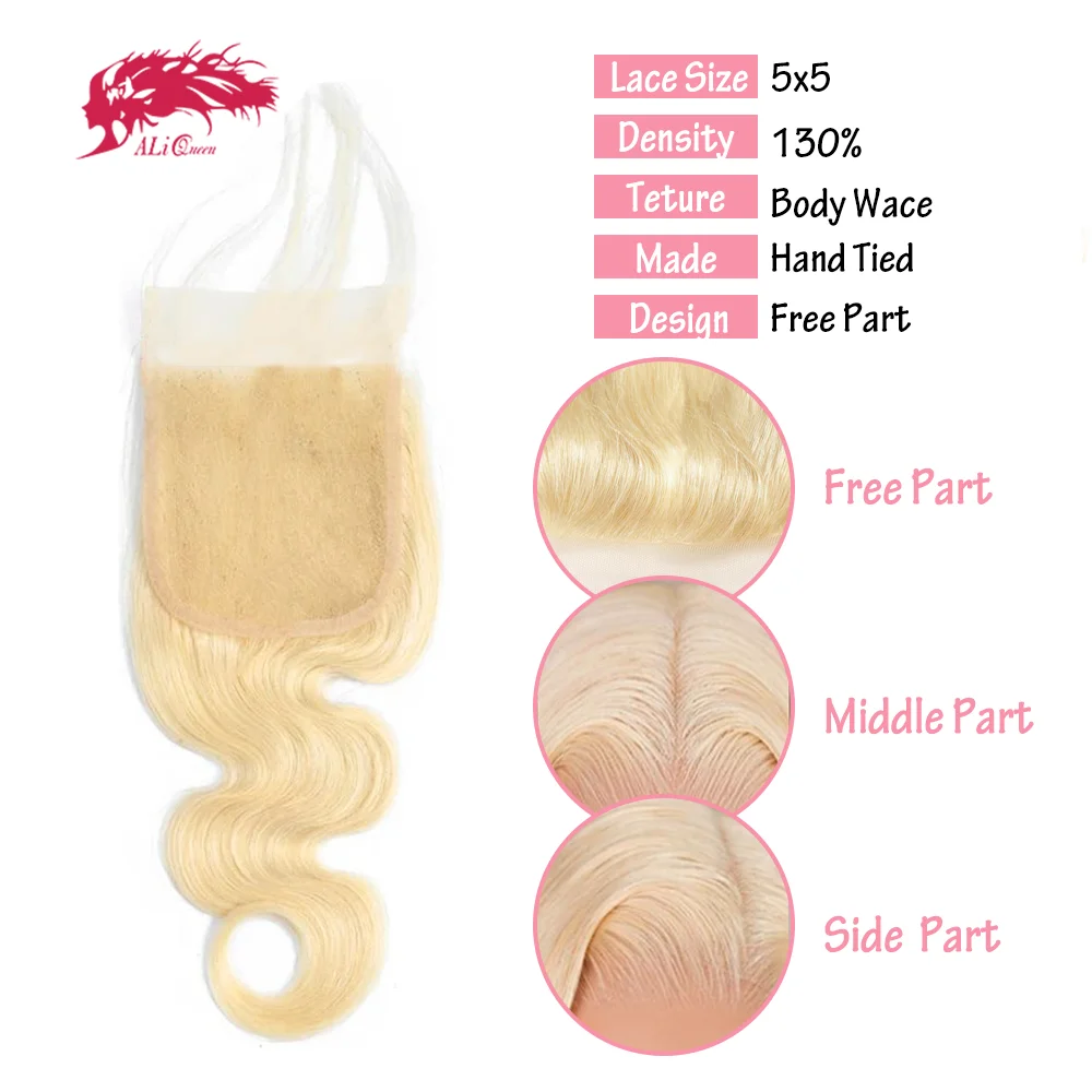 Ali Queen Hair 613 Closure Body Wave Blonde 5x5 HD Lace Closure Human Hair Extensions 13x4 Transparent Lace Frontal Pre Plucked