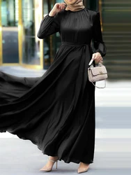 ZANZEA Women Muslim Dresses Fashion Autumn Sundress Satin Party Vestidos Elegant Long Sleeve Maxi Dress Belted Robe Turkey Abaya