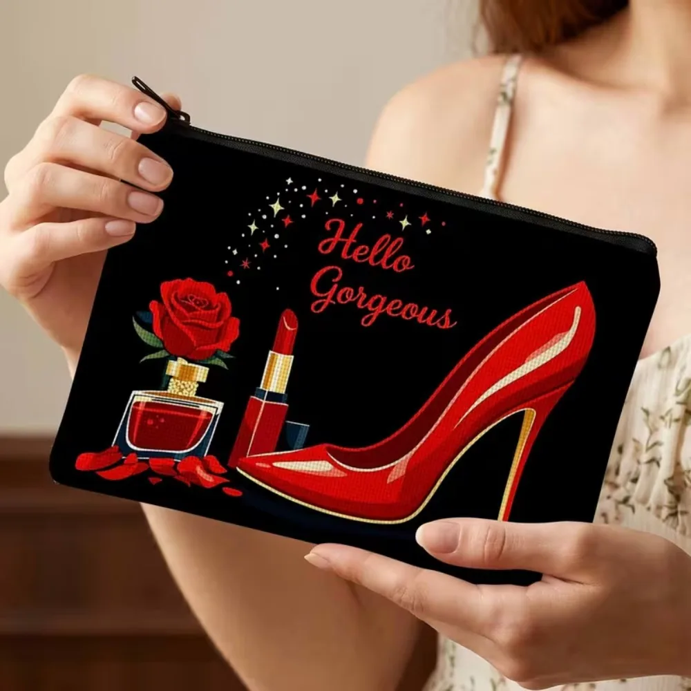 Hello Gorgeous Cosmetic Bag Red High‑Heel Rose Lipstick Perfume Print Canvas Zipper Pouch Portable Travel Makeup Storage Bag