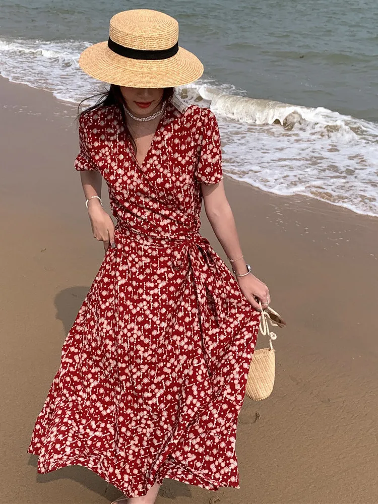 

plus Size Women's Belted V-Neck Summer New Floral Beach Long Dress Ties at Waist Knee-Length A-Line Skirt Style Korean Fashion