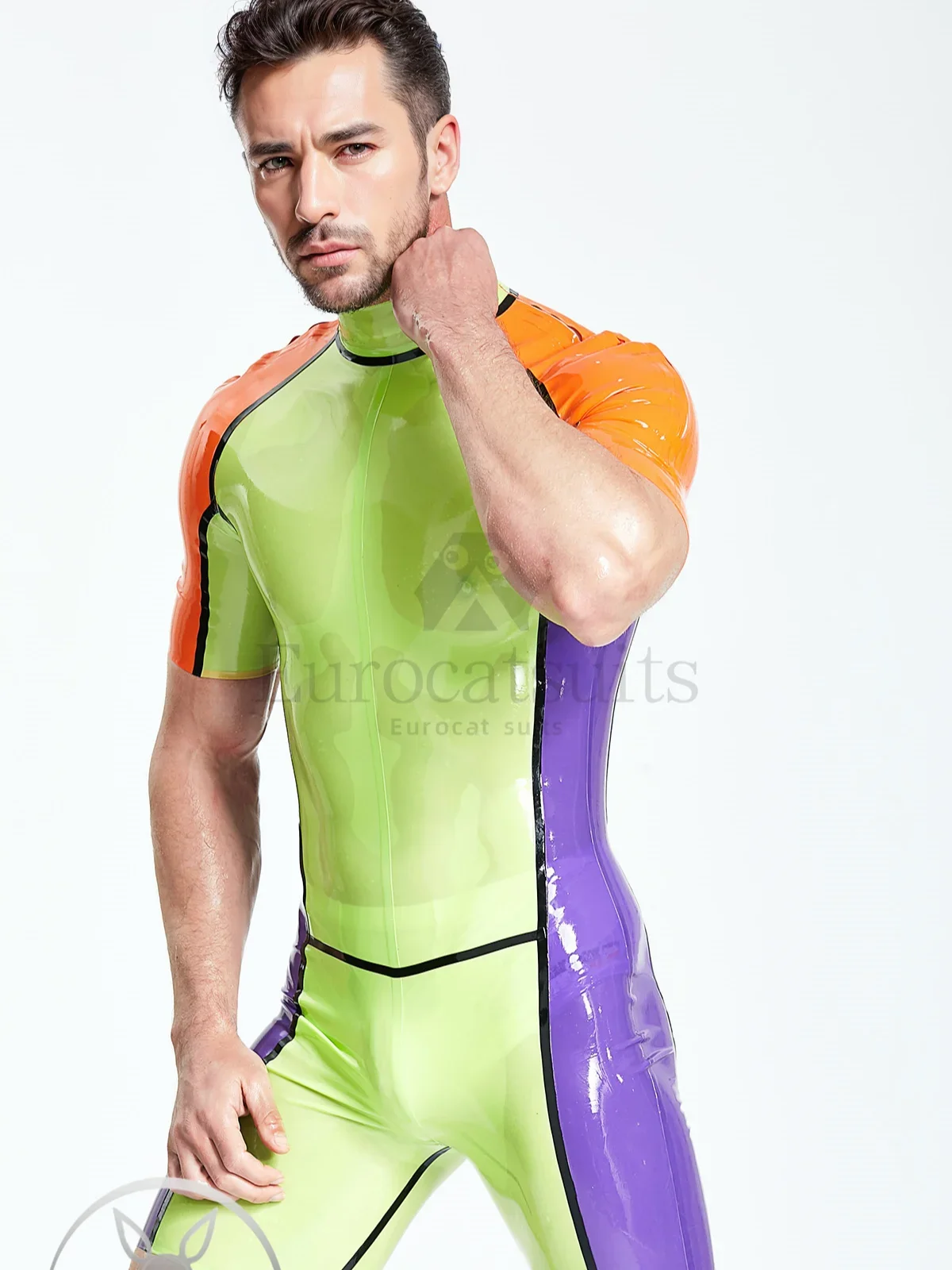 latex catsuits men eurocat suits  latex leotard rubber fetish customised  cosplay Male 'Multicolor' Shoulder-Zip Surfsuit