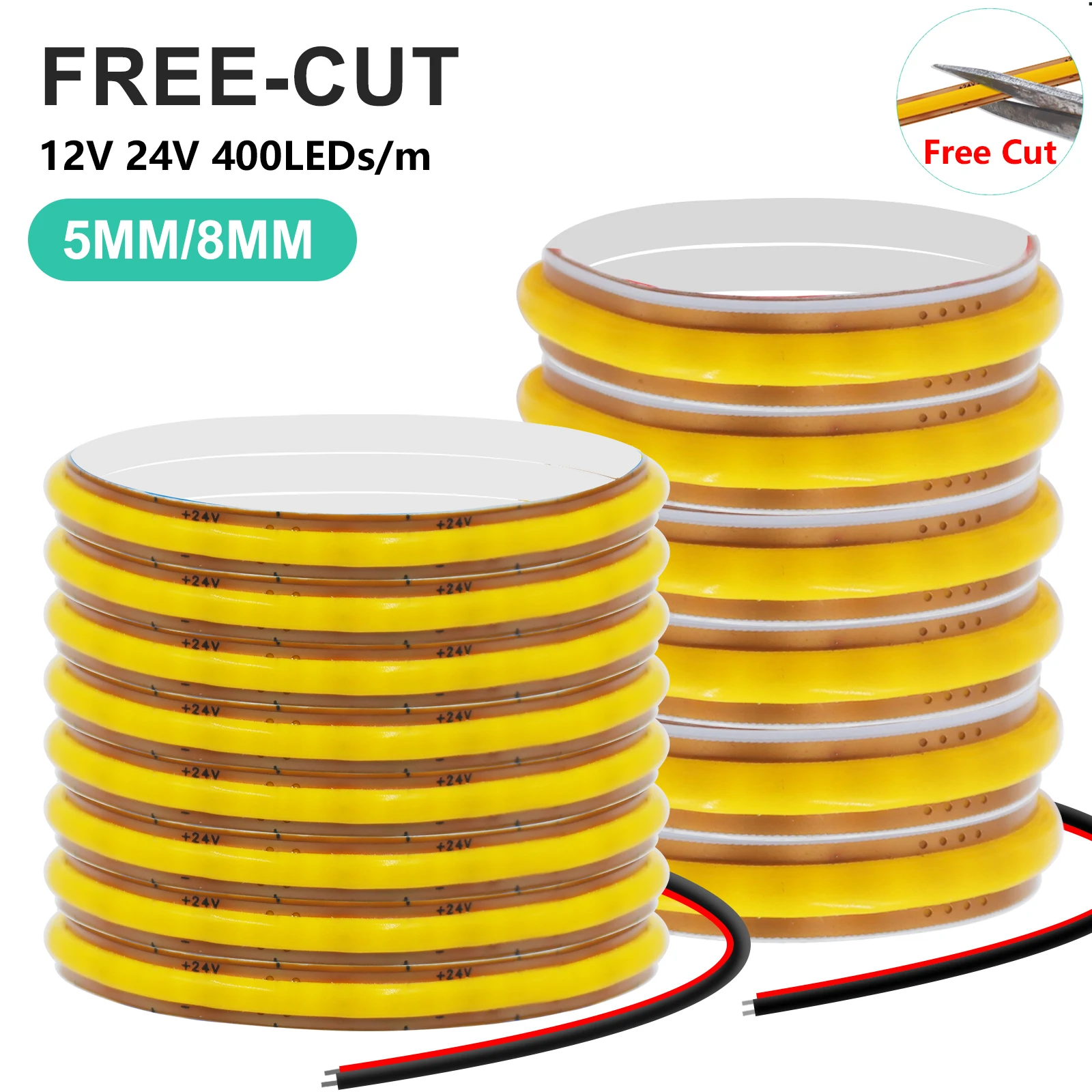

Free Cut COB LED Strip 12V 24V 400LEDs/m High Density 5mm/8mm PCB Width Flexible LED Tape for DIY Lightbox Kitchen Cabinet Lamp