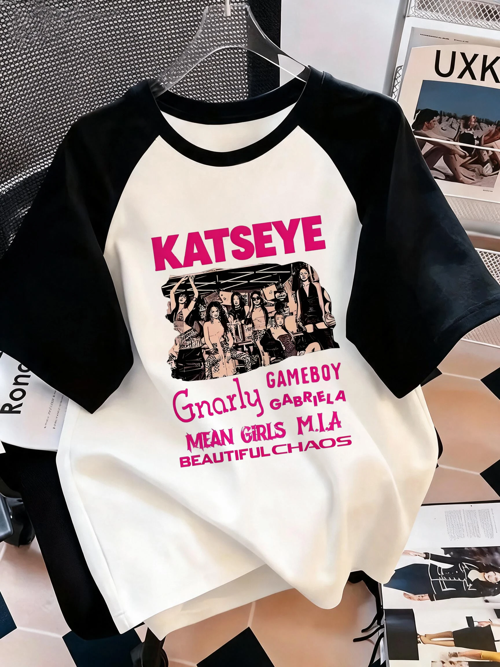 Women's Katseye Print Raglan Short Sleeve T Shirt Gothic Y2k Tshirt Vintage Style Tees Tops Casual Cheap Tshirt Clothes Female