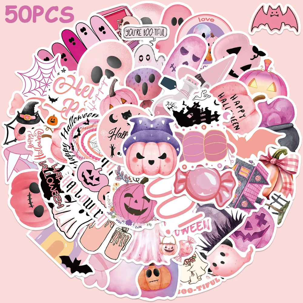 

50pcs Pink Halloween Sticker Cartoon Ghost Pumpkin Decal For Laptop Phone Scrapbook Guitar DIY Decorative Sticker Party Gift
