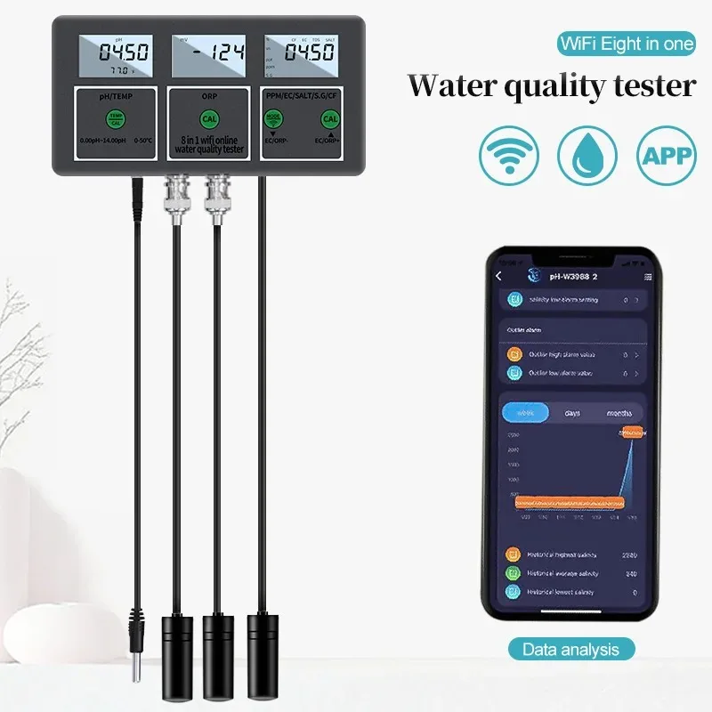Online Water Quality Tester PH/ORP/EC/TDS/SALT/S.G/CF/Temperature APP Tester 8-in-1 WIFI and Data Transfer for Pools Aquariums