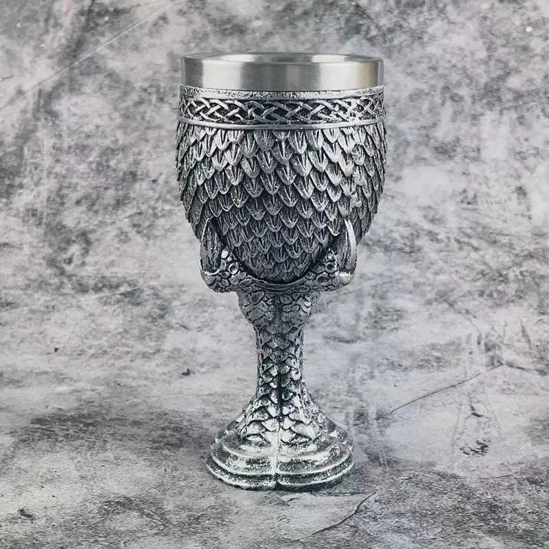 Creative retro silver dragon claw three-dimensional relief dragon scale high footed cup 304 stainless steel resin bar wine mug