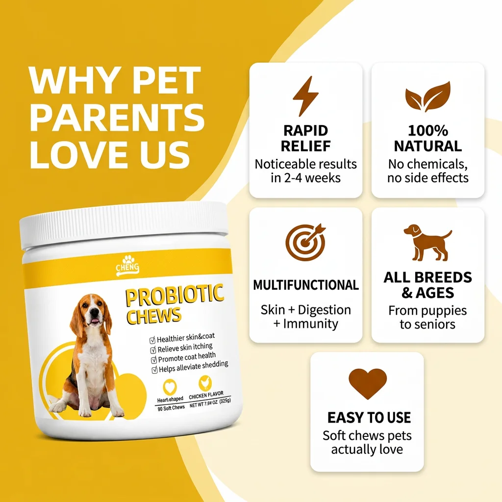 Pet Probiotic Soft Chews for Dogs Promote Healthy Skin & Coat, Alleviate Shedding & Relieve Itching Nutritional Supplement