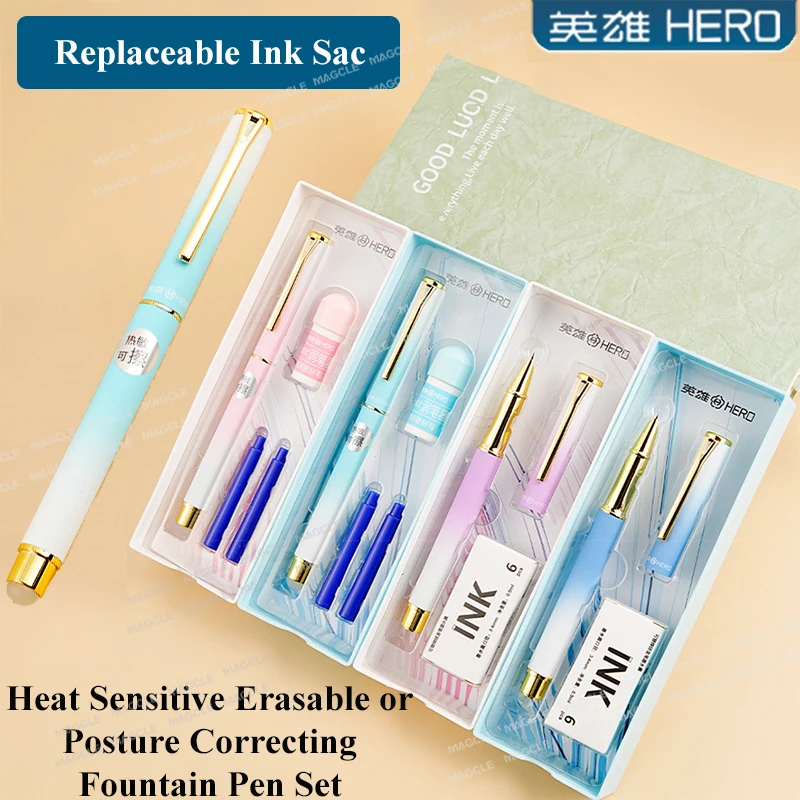 

Hero Ergonomic Pens Heat Erasable Fountain Pen Ink Sac Set Gradient Barrel EF Hooded Nib Calligraphy Signature Writing Supplies