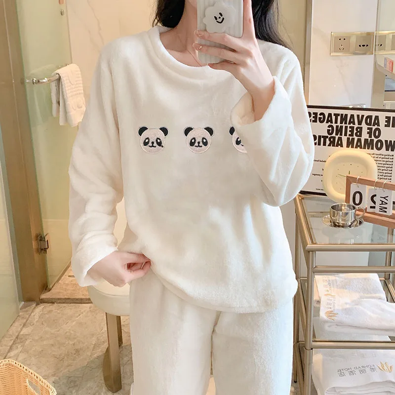 Thickened Warm Sleepwear for Winter Women Pajamas Flannel Cartoon Panda O-Neck Coral Velvetplus Winter Pajamas Ladies Offer Xl