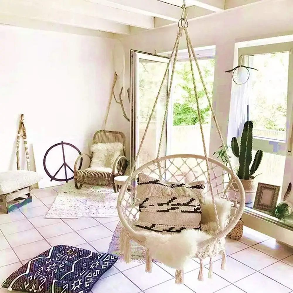 Handcrafted Cotton Macrame Hammock Swing Chair, Bohemian Style, Ideal for Indoor & Outdoor Use, Home, Patio, Yard, Garden