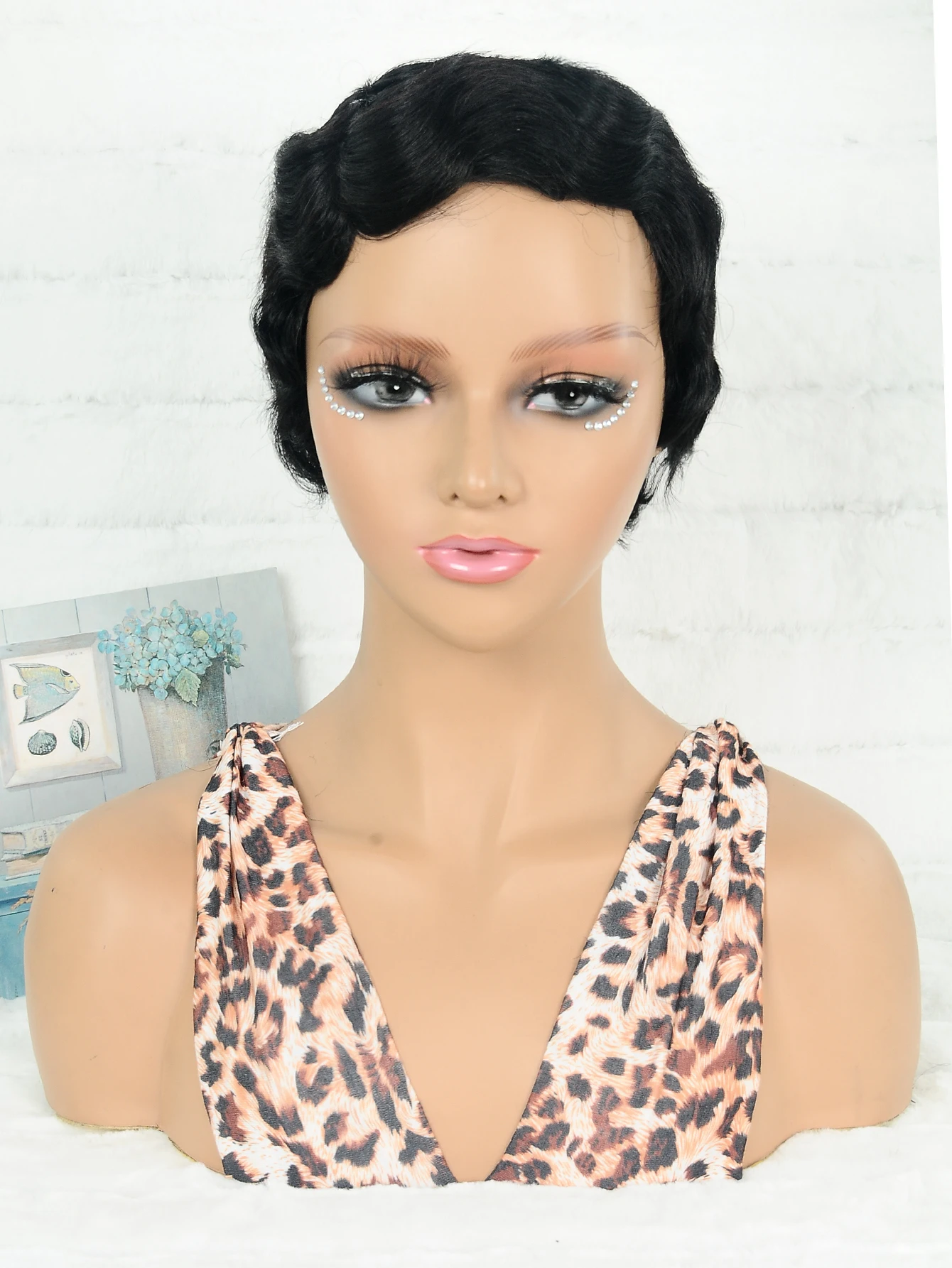 Black Finger Wave Short Human Hair Wig Full Machine Made No Lace Wig Retro 20s Flapper Style Short Wigs For Black Women Daily Halloween Party
