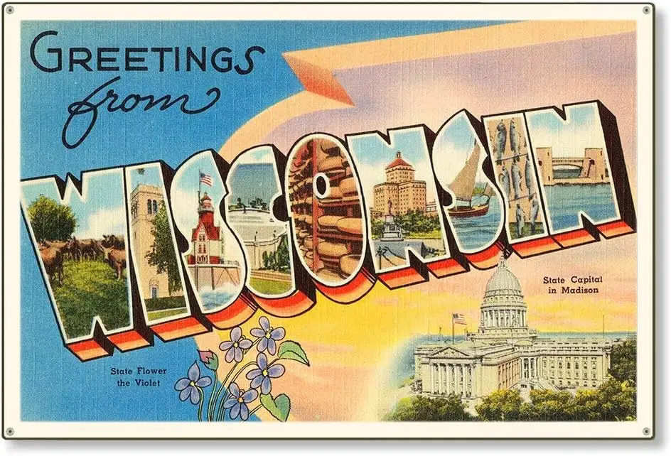 Metal Tin Sign Vintage Chic Art Decoration State of Wisconsin Wi Postcard for Bar Cafe Home Farm Office Restaurant Club or  sign