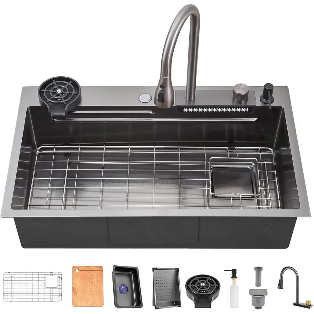 

34 Inch Drop-in Kitchen Sink,Waterall Single Bowl StainlSteel Multiunctional Kitchen Sink with 2-in-1 aucet and Accories (34"x20