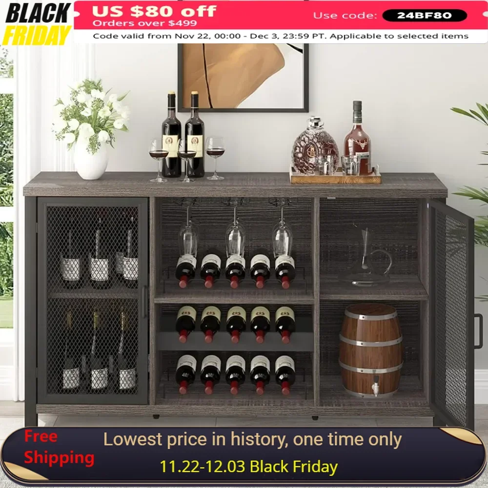 Wine Bar Cabinet, Rustic Coffee Cabinet for Liquor and Glasses, Kitchen Sideboard Buffet with Rack Storage