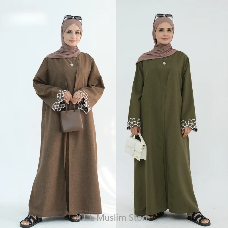 Eid Ramadan Turkey Morocco Islamic Coffee Gray Embroidery Abaya Dubai Luxury Muslim Flower Elegant Cardigan Robe Clothing