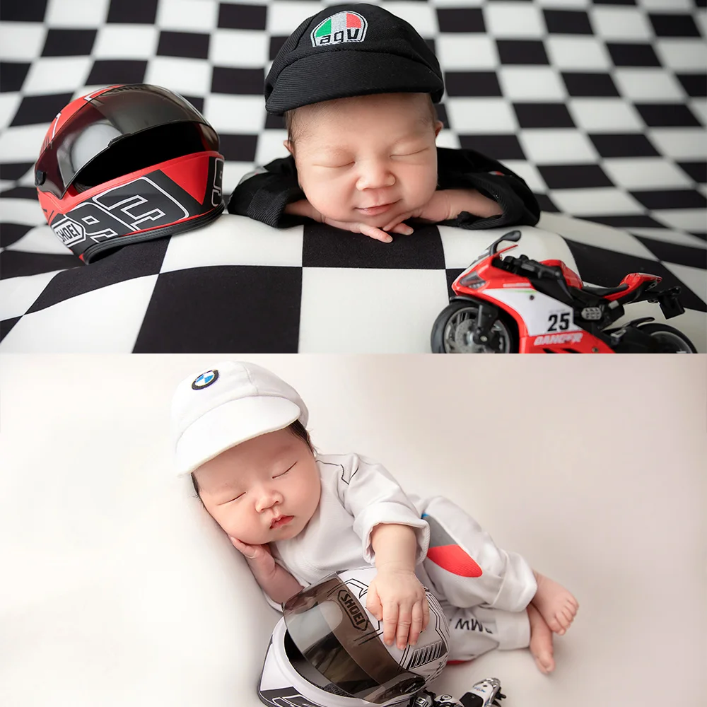 Baby Boy Newborn Photography stroje F1 wyścigowe kostiumy capki motocyklowe kask fajny chłopak Studio rekwizyty fotograficzne noworodka