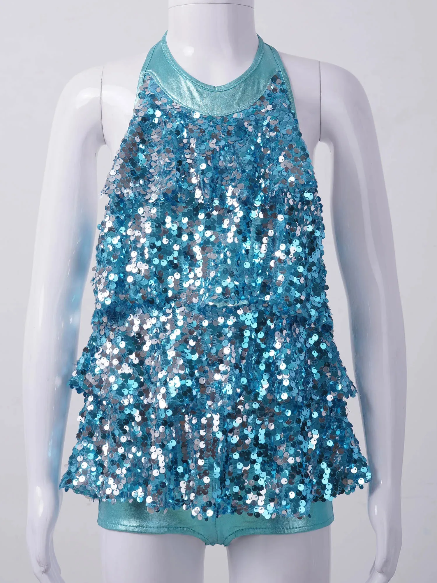 Kids Girls Halter Shiny Sequins Ballet Dance Shorty Unitard Dress Gymnastics Leotard Stage Modern Jazz Latin Dancing Costumes